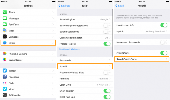 اموزش حذف اطلاعات کارت اعتباری در بخش AutoFill سافاری